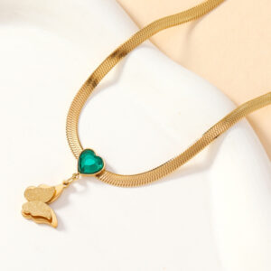 Emerald Heart Pendant Necklace - Gold Stainless Steel with Zircon