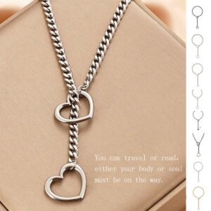 Heart Lariat Chain Necklace - Stainless Steel Adjustable Choker