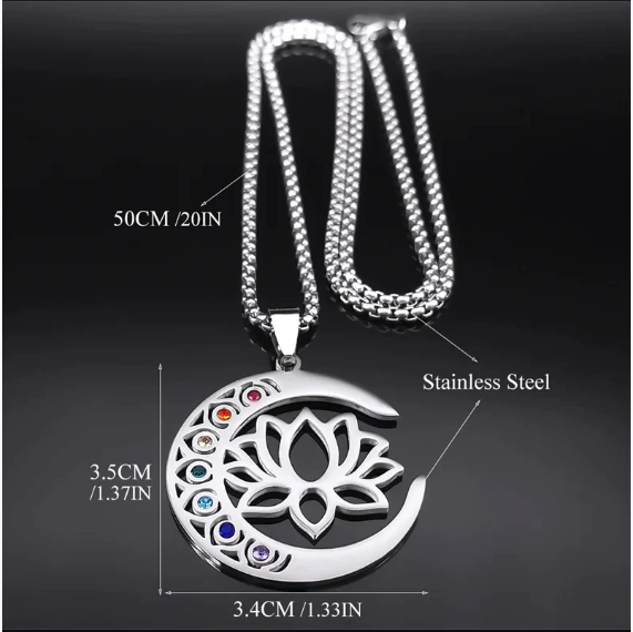 Moon and Lotus Stainless Steel Pendant Necklace