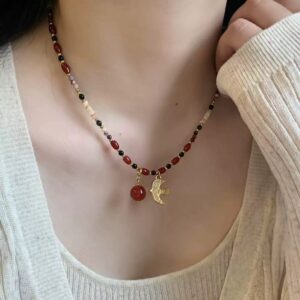 Tiger Eye Beaded Necklace - Natural Stone with Steel Pendant